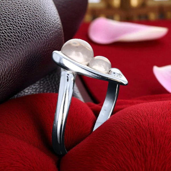 Bague en Quartz rose (Deux cabochons ronds) — Argent 925 rhodié, profil et serti