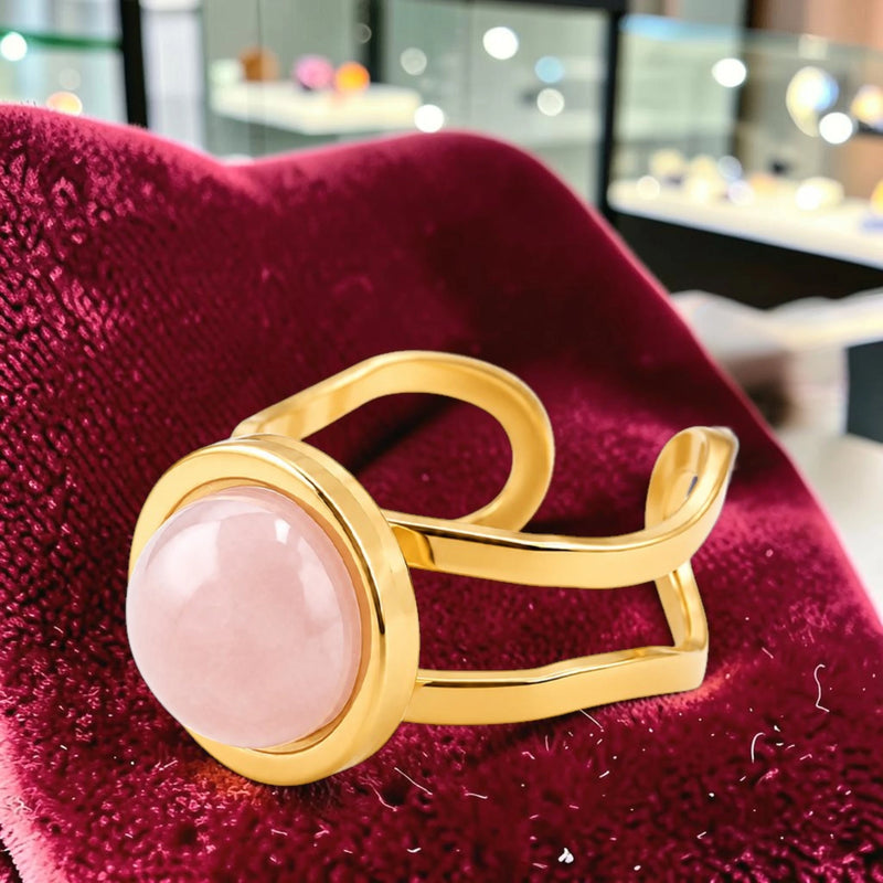 Bague double anneau en Quartz rose DUALIS®, acier doré