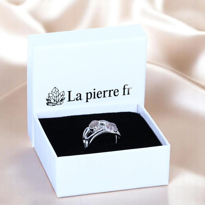Bague en Quartz rose (Duo Arabesque) dans son écrin cadeau, argent 925 rhodié