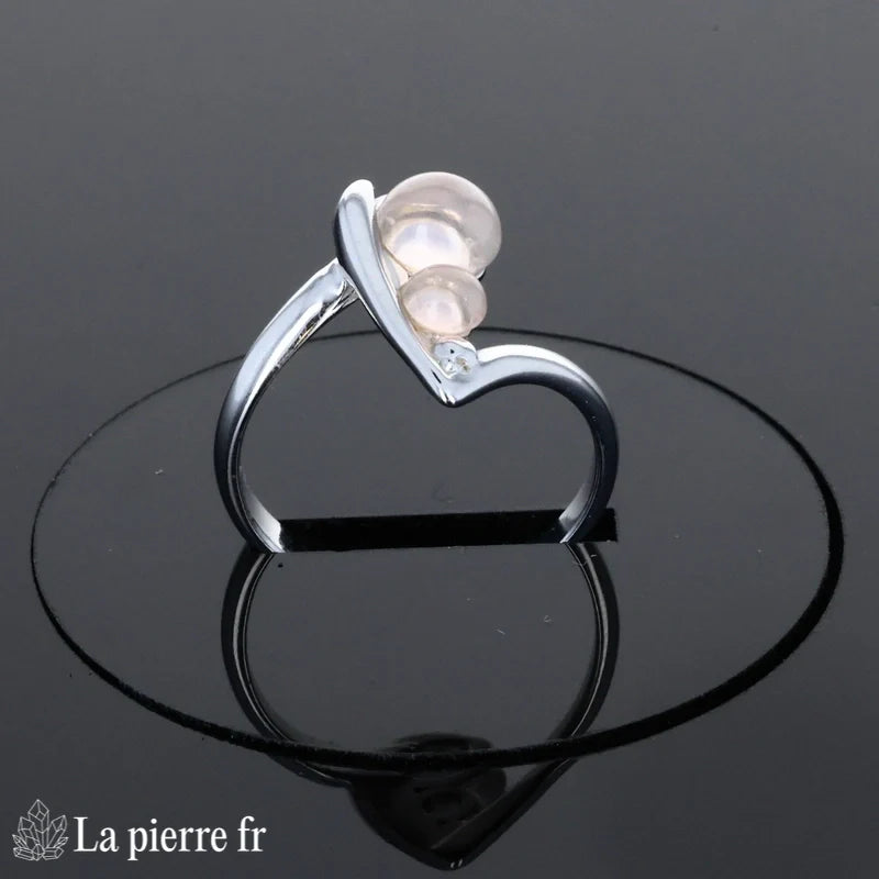 Bague Quartz Rose (Duo Tendresse) argent rhodié 2 cabochons ronds (4mm, 6mm)