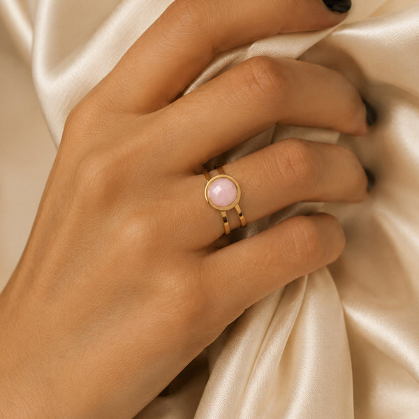 Bague quartz rose femme en acier inoxydable doré