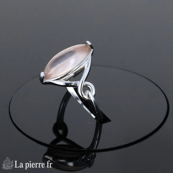 Bague Quartz Rose (Navette Poudrée) argent rhodié pierre marquise 6x14mm