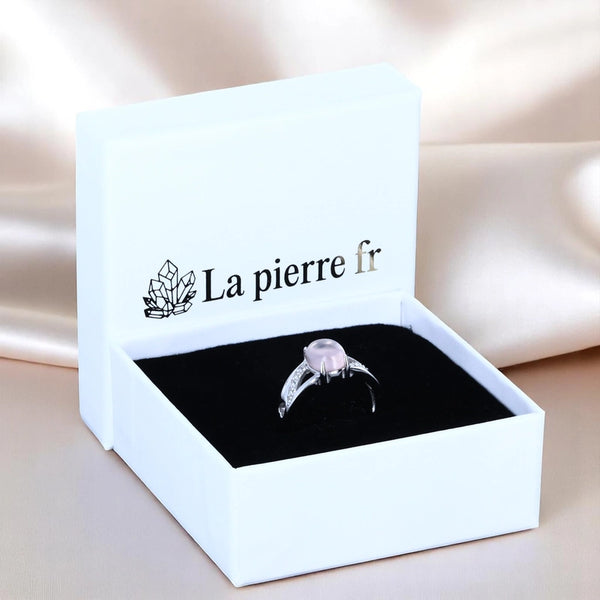 Bague en Quartz rose véritable (Nostalgie Royale) en écrin, argent 925 rhodié et zircones