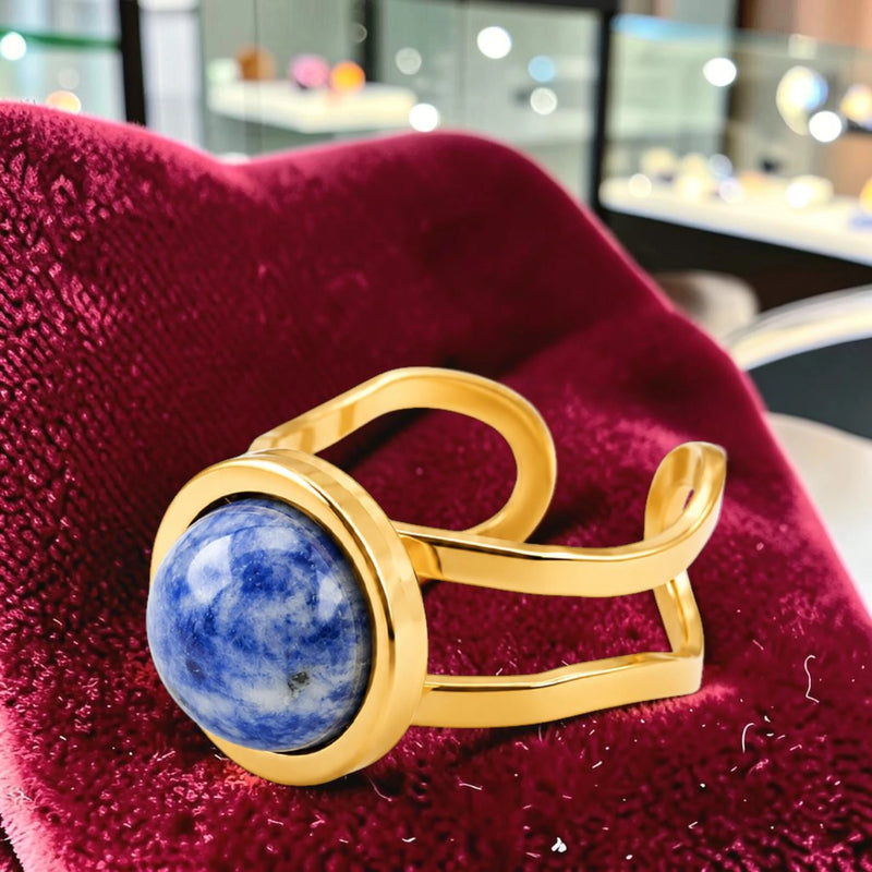 Bague double anneau en Sodalite DUALIS®, acier doré