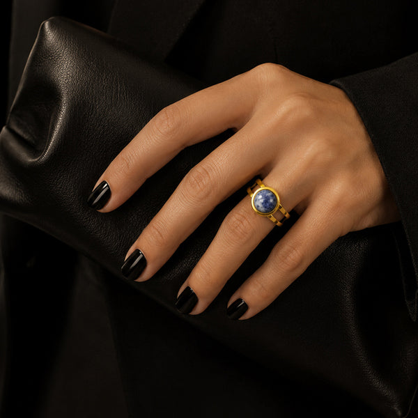 Bague sodalite femme en acier inoxydable doré