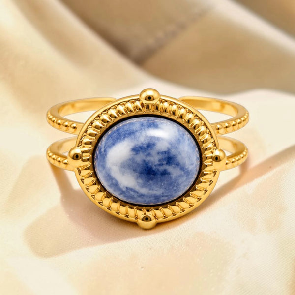 Bague sodalite ovale en acier inoxydable doré
