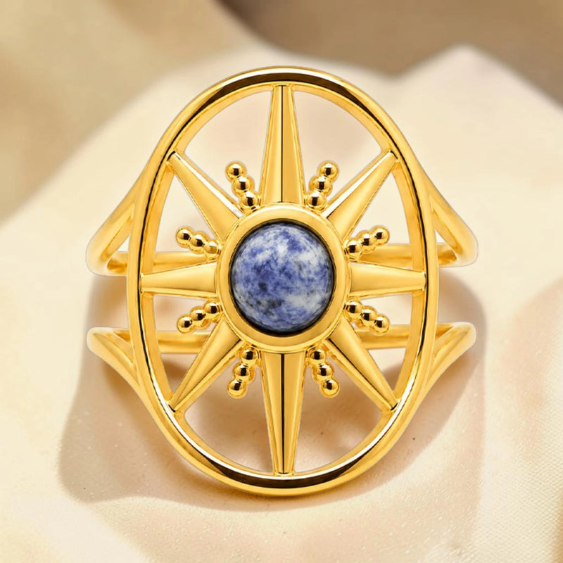 Bague sodalite motif soleil en acier inoxydable doré