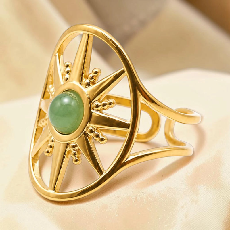 Bague soleil en Aventurine verte SOLÉA®, acier doré