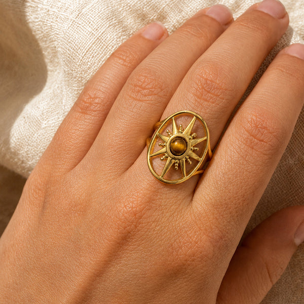 Bague soleil femme en œil de tigre