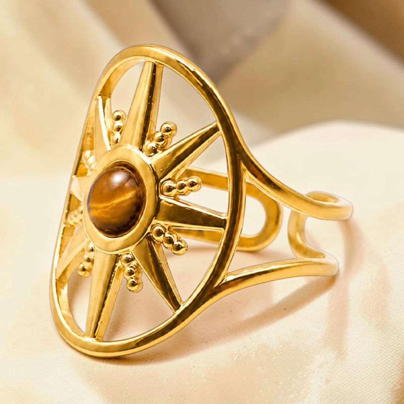 Bague soleil en Œil de tigre SOLÉA®, acier doré