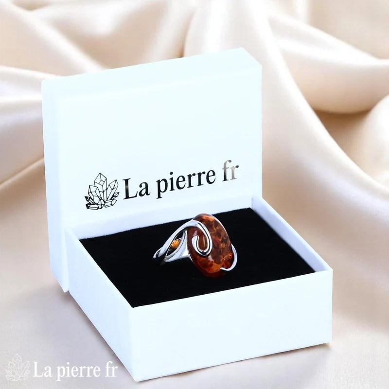 Bague femme Ambre Argent Rhodié (Présence Sculpturale) design moderne affirmé - La Pierre Fr.