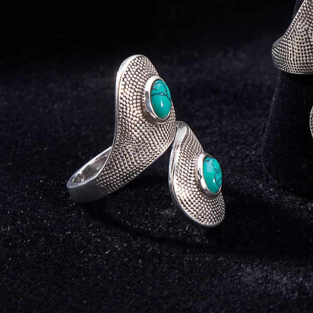 Bague turquoise argent 925 rhodié, double cabochon ovale sur gouttes croisées