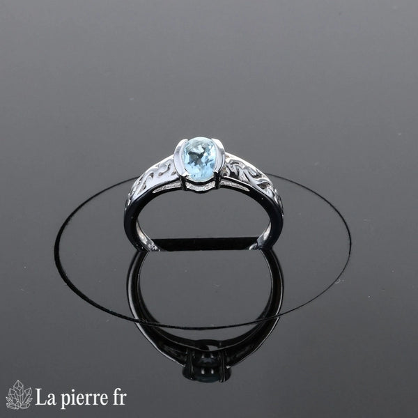 Bague vintage Aigue-Marine (Vintage Solitaire) portée au doigt, style élégant et raffiné.