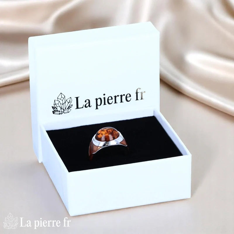 Bague femme Ambre Argent Émaillé (Chevalière Bohème) design artistique - La Pierre Fr.