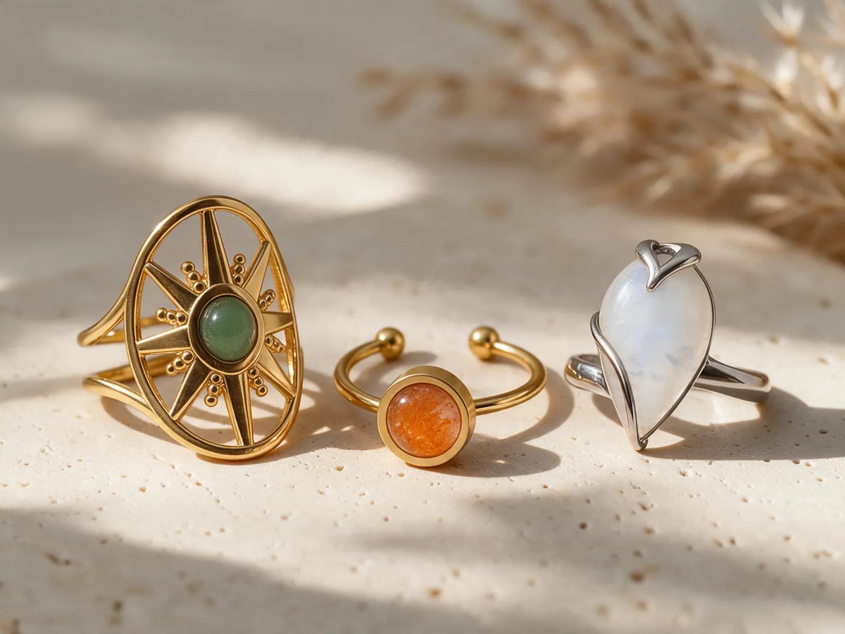Bagues en pierre naturelle dorées et en argent, aventurine, pierre de soleil et pierre de lune