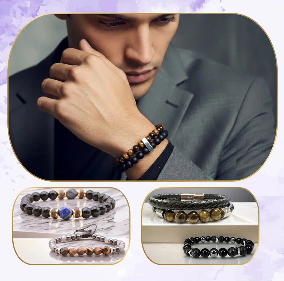La Pierre FR mettant en avant des bracelets pour homme en cuir véritable et pierres naturelles, associant style, force et bienfaits de la lithothérapie.
