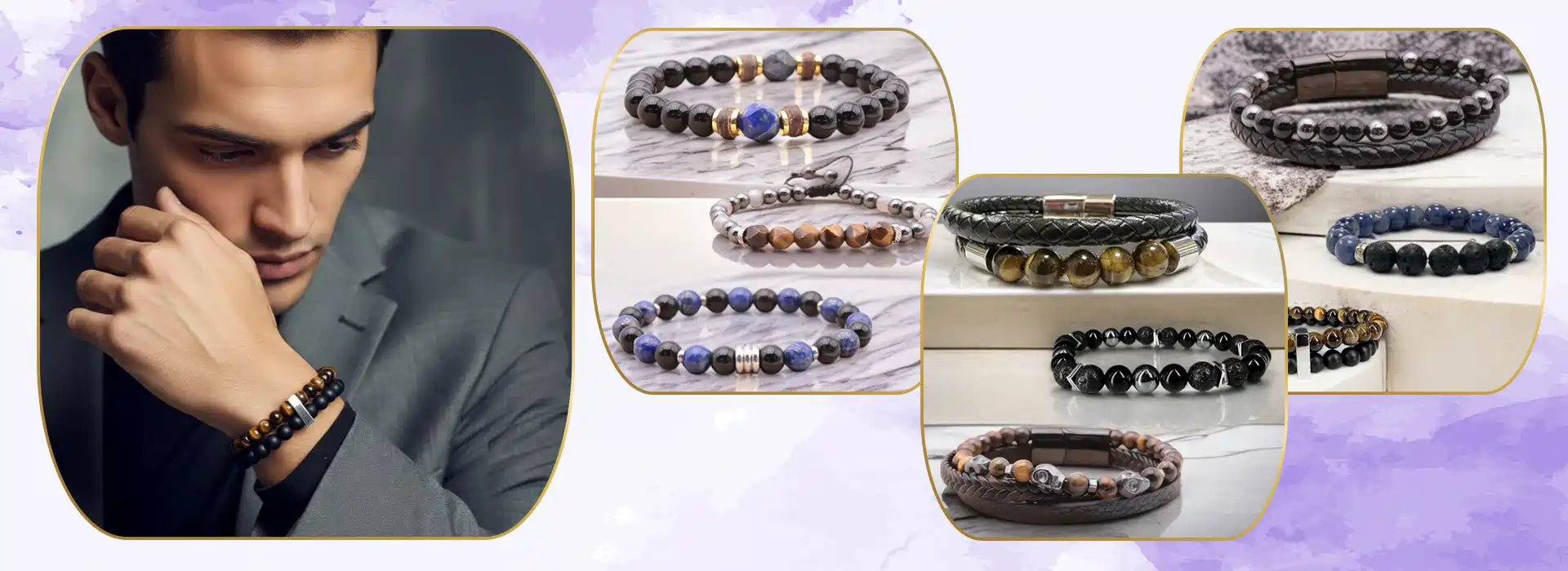 La Pierre FR présentant des bracelets pour homme en pierres naturelles, comme l’onyx, l’œil de tigre et la howlite, symbolisant force, énergie et équilibre en lithothérapie.