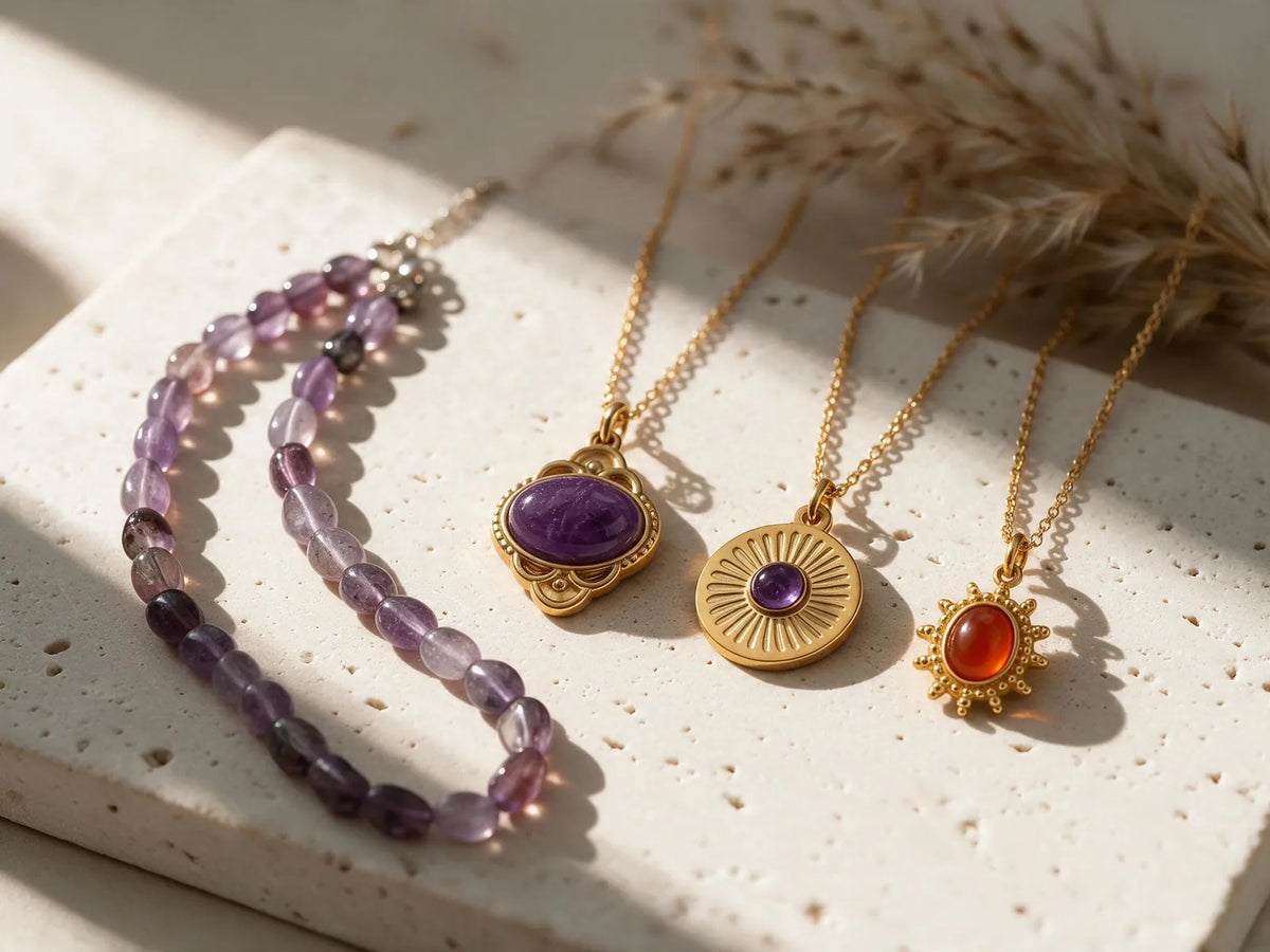 Collier en améthyste et pendentifs dorés en pierre naturelle sur travertin