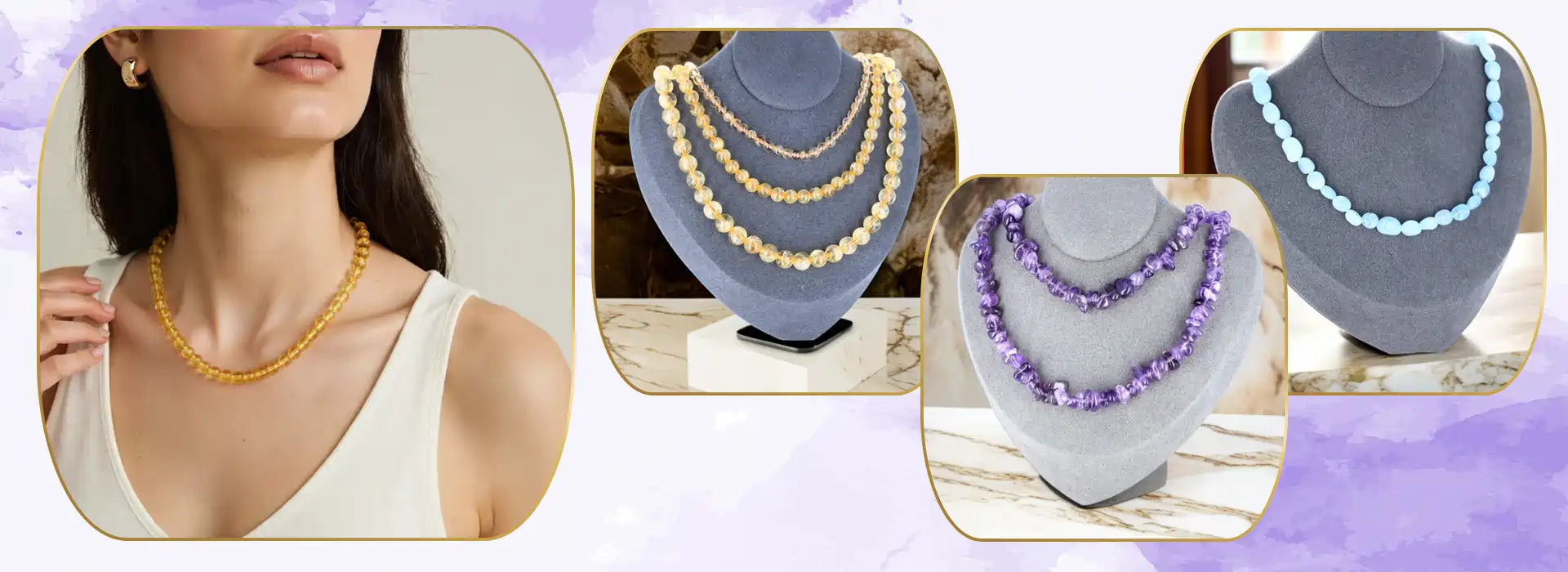 La Pierre FR présentant des colliers en pierres naturelles destinés à la lithothérapie, ambiance élégante et naturelle, mettant en valeur la beauté et l’énergie des minéraux.