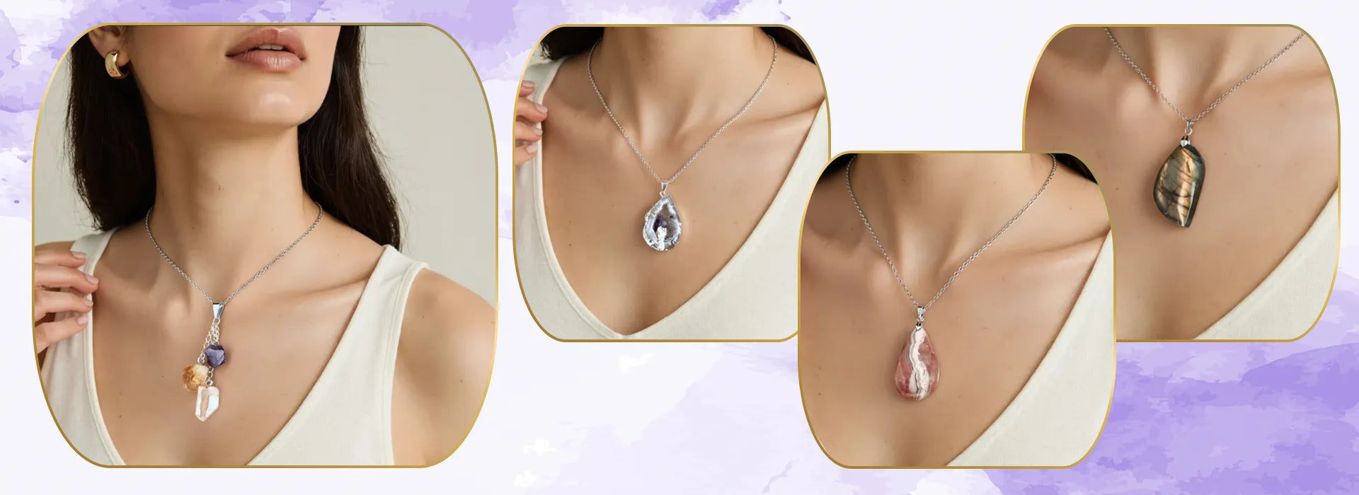 La Pierre FR illustrant des pendentifs en pierres naturelles utilisés en lithothérapie, mettant en avant la beauté et les bienfaits énergétiques des minéraux.