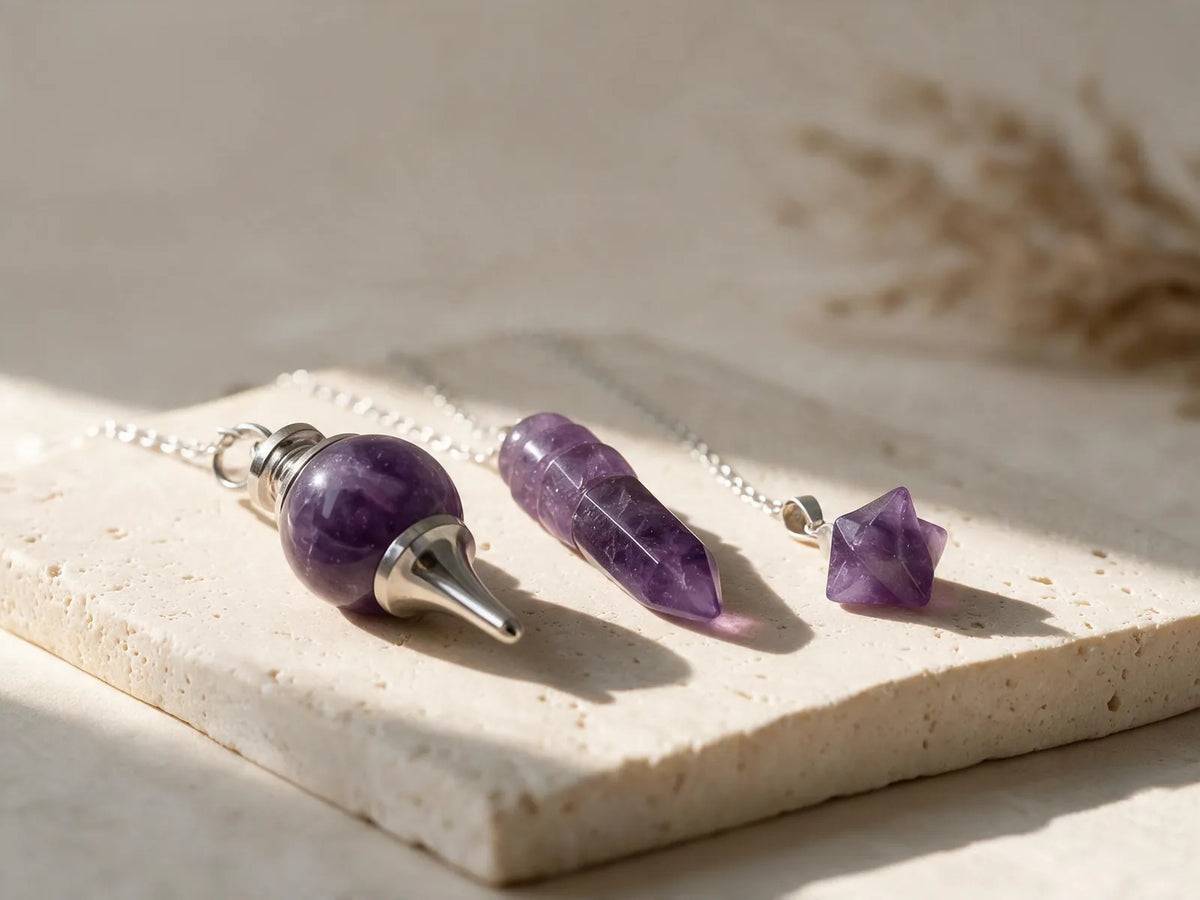 Pendules divinatoires en améthyste, sphère, pointe et merkaba sur travertin