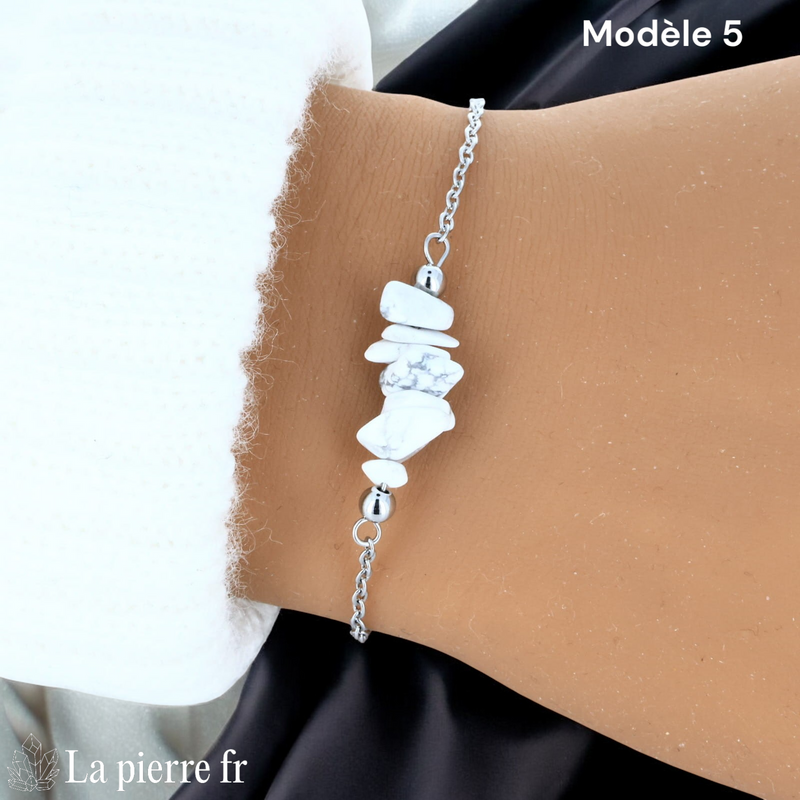 Bracelet howlite blanche brute d'environ 2 cm sur chaîne argentée