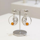Boucles d'Oreilles Ambre Vintage, Médaillon Ajouré en Argent 925 (Elnath)