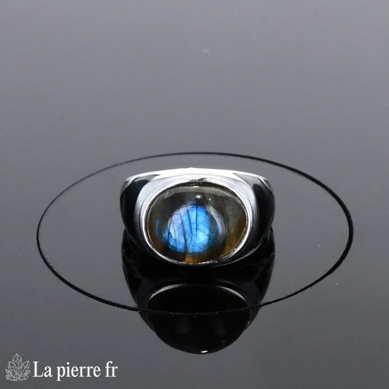 Détail des motifs émaillés sur la Bague Labradorite (Blason Artisanal) style vintage