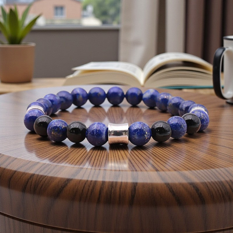Bracelet en pierres naturelles pour homme onyx noir et lapis lazuli, bijou sobre et raffiné