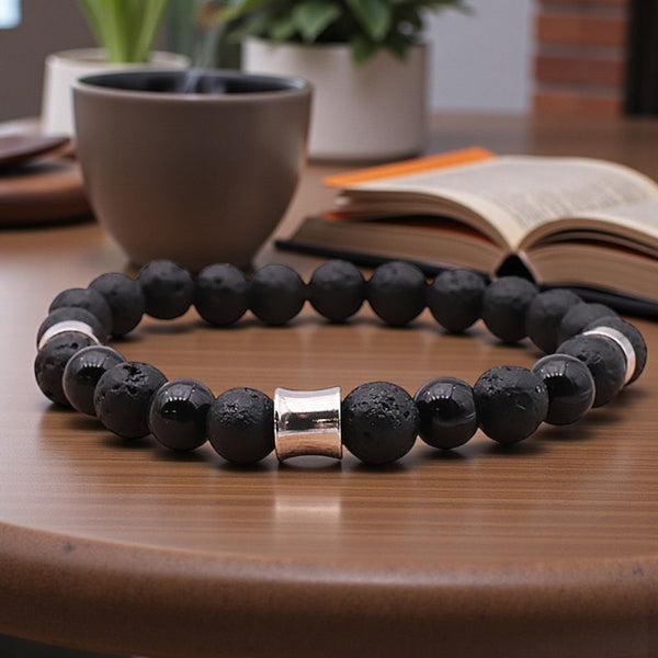 Bracelet en pierres naturelles pour homme onyx noir et pierre de lave, sobre et élégant