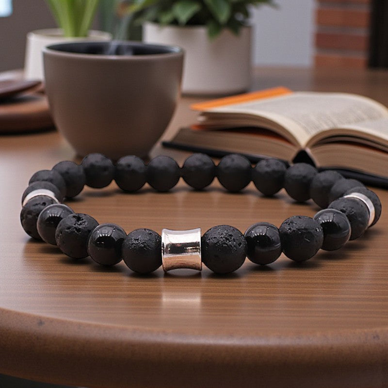 Bracelet en pierres naturelles pour homme onyx noir et pierre de lave, sobre et élégant