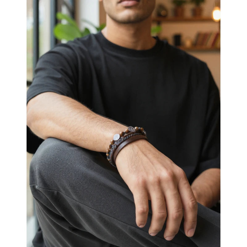 Bracelet lithothérapie homme cuir marron, Œil de Tigre et Arbre de Vie, bijou énergétique et élégant