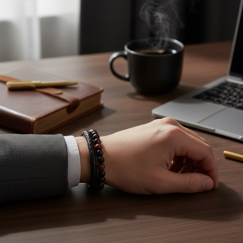 Bracelet de lithothérapie pour homme, cuir noir, Œil de Taureau & Onyx, énergie protectrice et élégante