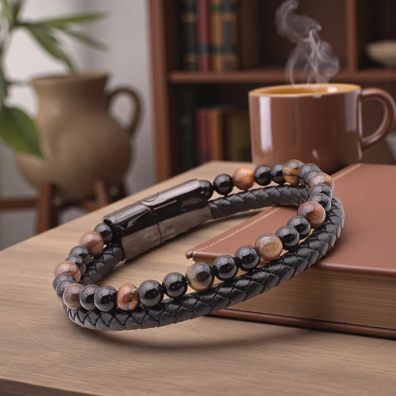 Bracelet de lithothérapie pour homme, cuir noir, Œil de Tigre & Onyx noir, énergie protectrice et élégante
