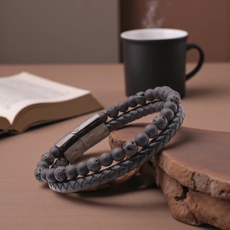 Bracelet lithothérapie homme cuir noir, Pierre de Lave & Shungite, bijou énergétique et protecteur
