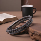 Bracelet lithothérapie homme cuir noir, Pierre de Lave & Shungite, bijou énergétique et protecteur