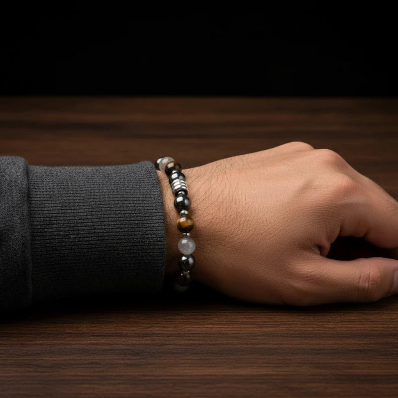Bracelet lithothérapie homme Labradorite, Œil de Tigre & Hématite, bijou énergétique, confiance et protection
