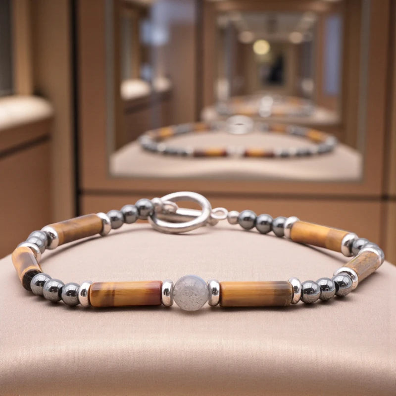 Bracelet lithothérapie homme Labradorite, Œil de Tigre & Hématite, bijou énergétique et élégant