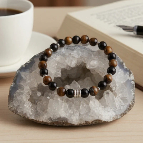 Gros plan sur le bracelet Œil de Tigre et Onyx noir pour homme, perles de pierre naturelle