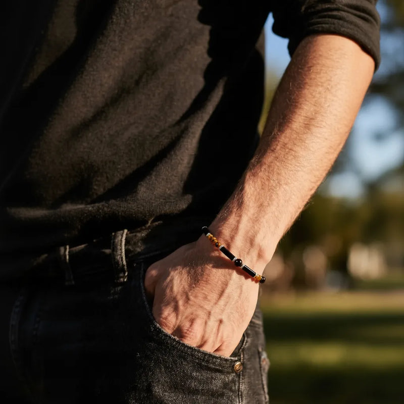 Bracelet lithothérapie homme Œil de Tigre & Onyx noir, bijou énergétique et naturel