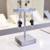Boucles d'Oreilles Pierre Noire, Onyx Noir sur Feuille d'Argent 925 (Alhena)