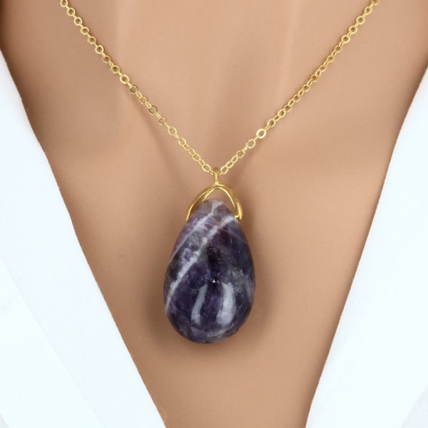 Bijou en Améthyste Rubanée du Brésil, pendentif larme en lithothérapie