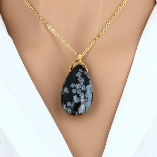 Bijou en pierre naturelle Obsidienne Neige, pendentif larme noir et blanc