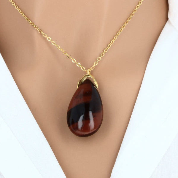 Bijou en pierre naturelle Œil de Taureau, pendentif larme rouge brun