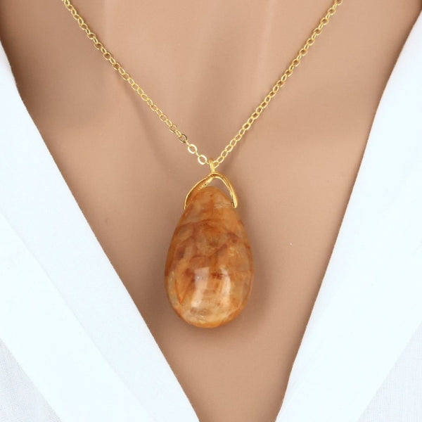 Bijou en pierre naturelle Quartz Ferrugineux, pendentif larme rouge-brun