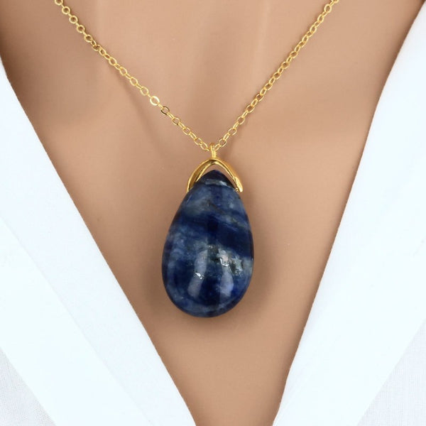 Bijou en pierre naturelle Sodalite, pendentif larme bleu profond