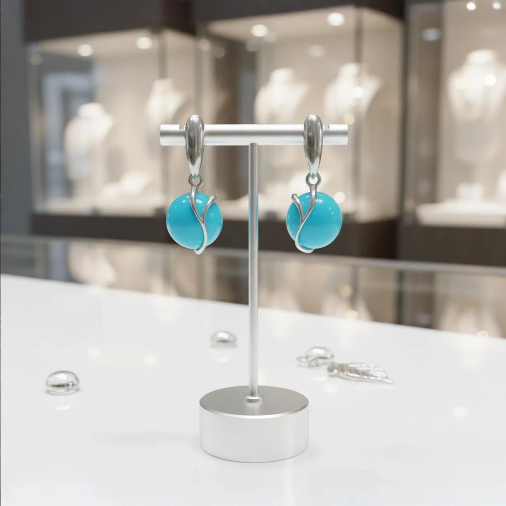 Gros plan sur la pierre et la monture des boucles d'oreilles Fomalhaut en turquoise