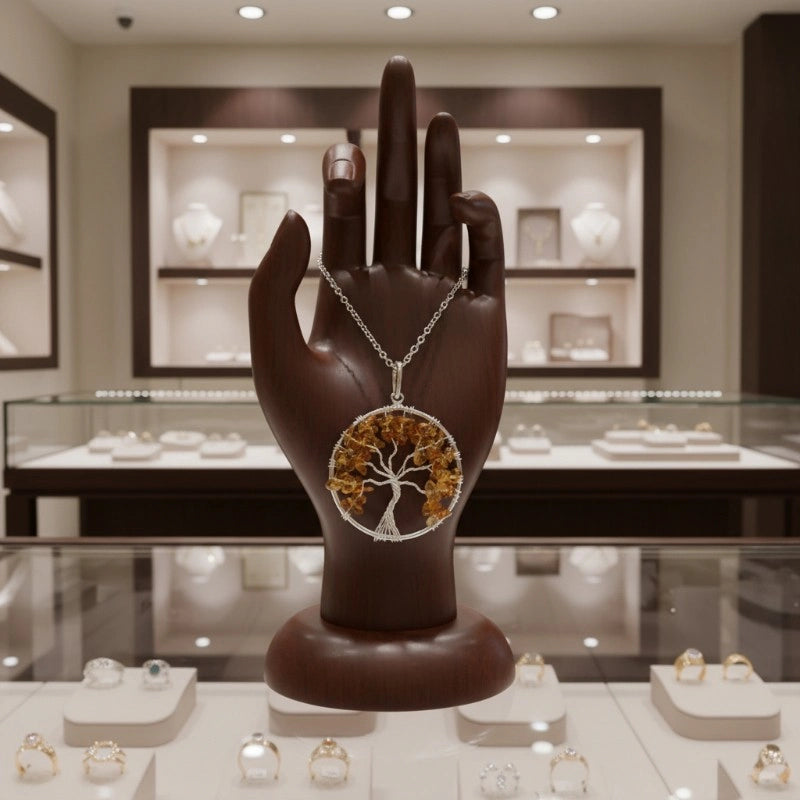 bijou arbre de vie en citrine jaune doré, pendentif pierre naturelle artisanal