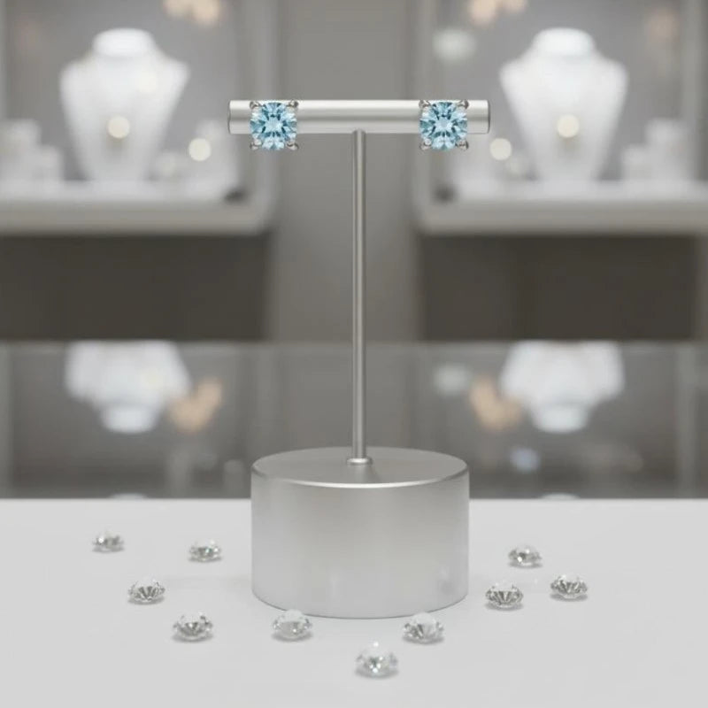 Boucles d'oreilles Talitha en aigue-marine et argent 925, sur un présentoir, vue de face