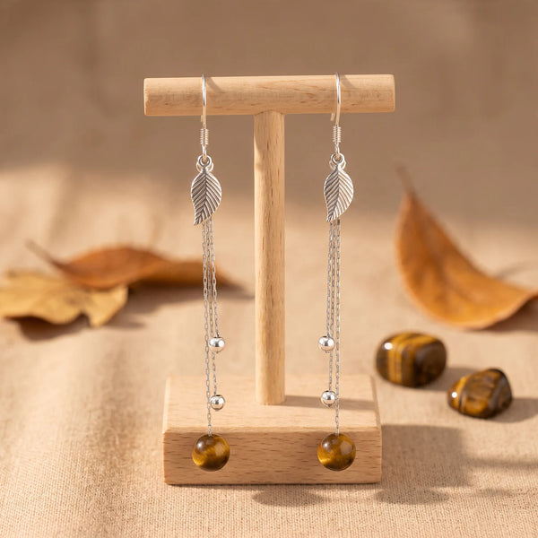 Boucles d'oreilles en argent 925 et œil de tigre, feuille et chaînettes, modèle SILVIA®